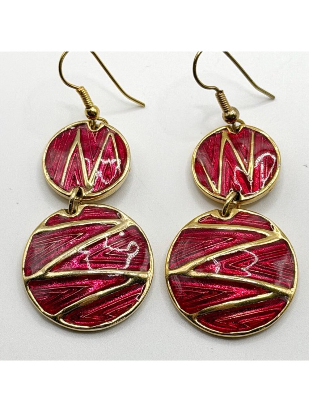 Vintage BEREBI Gold‎ Tone Red Enamel Round Dangle PIERCED EARRINGS